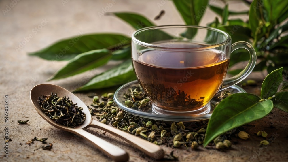 Transparent cup of tea with tea leaves for steeping Transparent cup of tea with tea leaves for steeping