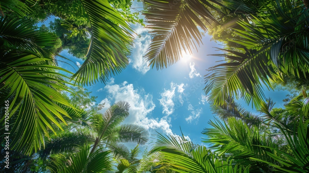 Fototapeta premium A sunny tropical background with palm trees and a blue sky. A view from below