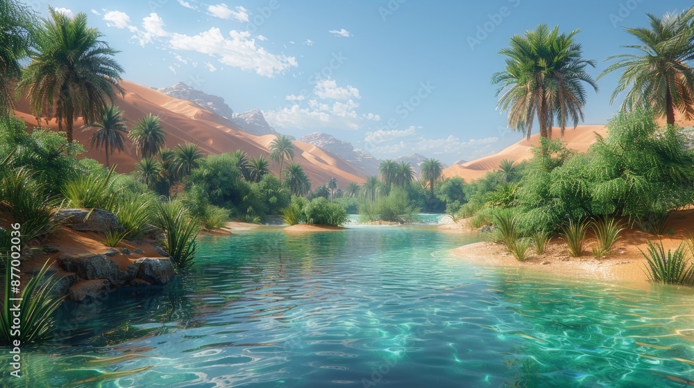 Scenic Desert Oasis with Palm Trees and Clear Water - Generative AI Scenic Desert Oasis with Palm Trees and Clear Water - Generative AI