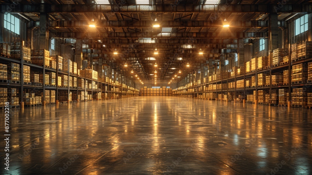 Spacious Warehouse Interior with Stacked Shelves - Generative AI Spacious Warehouse Interior with Stacked Shelves - Generative AI