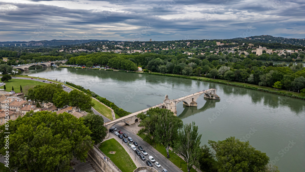 Aerial of the historic Bridge of Saint Benezet (Pont d'Avignon) with the historic city, Avignon, UNESCO World Heritage Site, Vaucluse, Provence-Alpes-Cote d'Azur, France, Europe