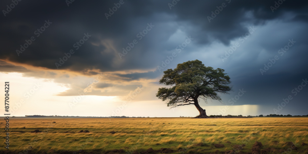 Fototapeta premium A lone tree standing in a field, with a stormy sky in the background, during golden hour with dramatic lighting