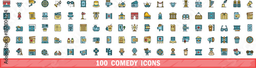 100 comedy icons set. Color line set of comedy vector icons thin line color flat on white