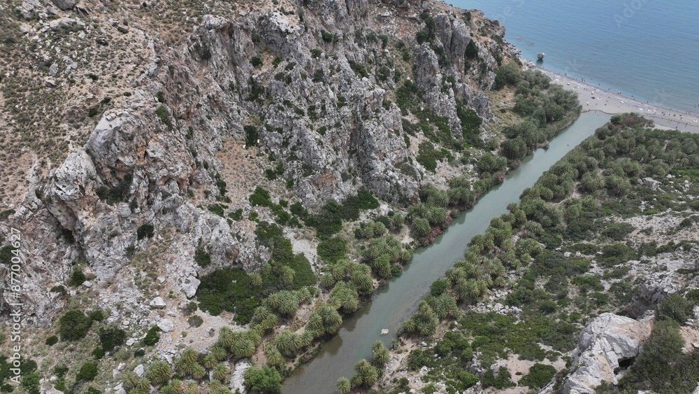 Aerial view of Preveli Beach and Preveli Gorge, Crete, Greek Islands, Greece, Europe Aerial view of Preveli Beach and Preveli Gorge, Crete, Greek Islands, Greece, Europe