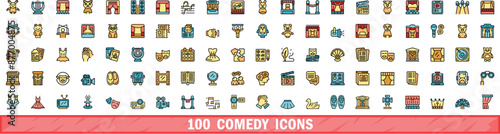 100 comedy icons set. Color line set of comedy vector icons thin line color flat on white