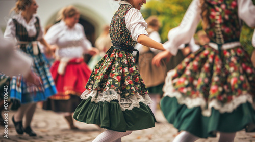 Group of locals dressed in traditional Bavarian fluffy skirt, blouse, corset with lacing and apron, enjoying a lively polka dance at Oktoberfest