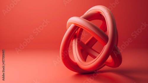Minimalist 3D render of an intersecting loop on a solid coral red background.