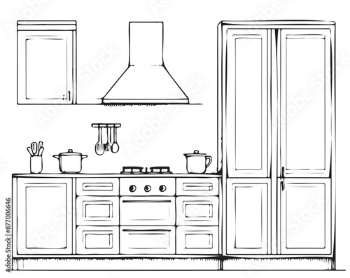 Modern kitchen interior in linear style. Kitchen furniture and utensil tool equipment