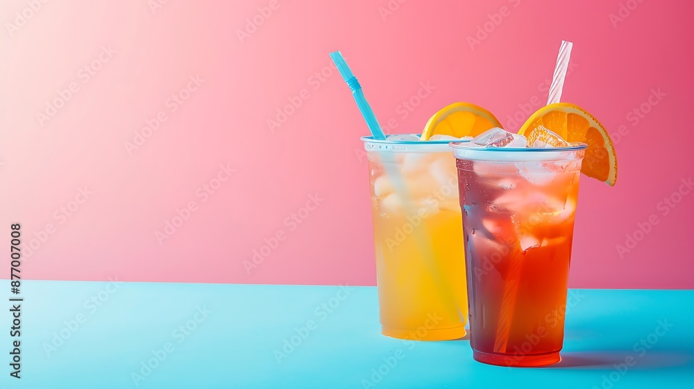 Cold drinks on cafe table isolated on pink and blue background Cold drinks on cafe table isolated on pink and blue background