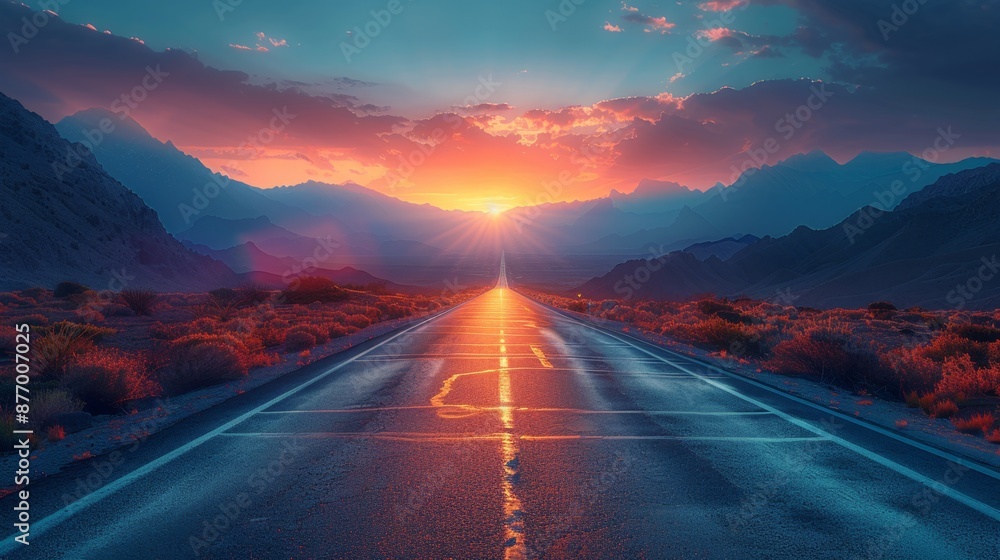 Sunset Road Through Mountain Valley - Generative AI Sunset Road Through Mountain Valley - Generative AI
