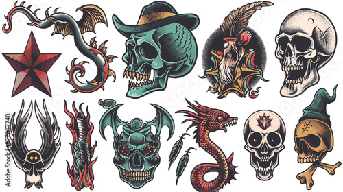 Skulls and other tattoo design elements. Vector illustration set.