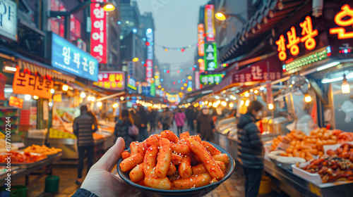 Rice cake korean delicious food that Topokki on bowl hold by hand Street food in South Korea.Generative AI photo