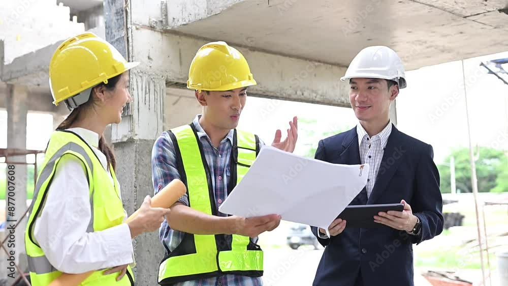 Team of engineers and businessman planning development details about project at construction site Team of engineers and businessman planning development details about project at construction site