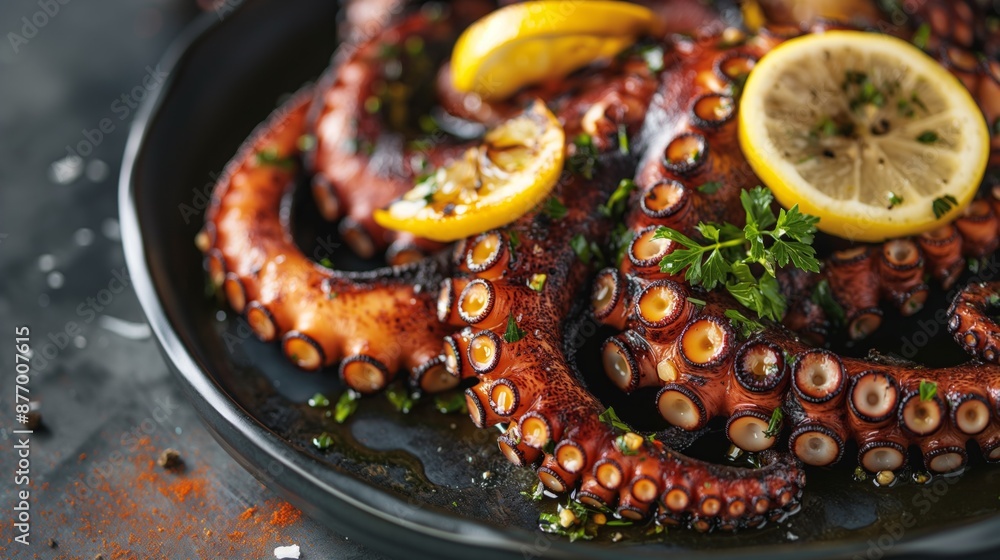 Grilled octopus on plate with lemon and herbs, gourmet seafood dish. Grilled octopus on plate with lemon and herbs, gourmet seafood dish.