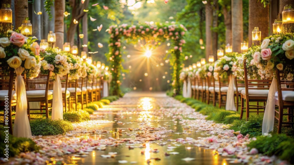 Fototapeta premium Delicate flower petals cascade down a serene aisle amidst lush greenery and soft, golden lighting.