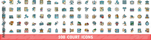 100 court icons set. Color line set of court vector icons thin line color flat on white