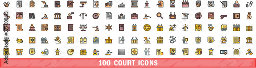 100 court icons set. Color line set of court vector icons thin line color flat on white