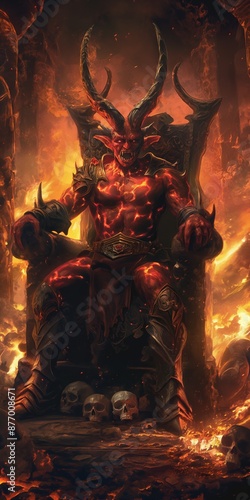 In the fiery depths of fantasy, an evil monster warrior emerges, wielding power and terror. photo