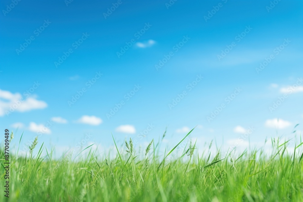 Fototapeta premium Green grass blue sky outdoors horizon meadow.