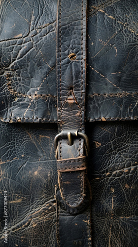 Distressed black leather with visible scuffs and wear marks, giving it a rugged, vintage appeal. photo