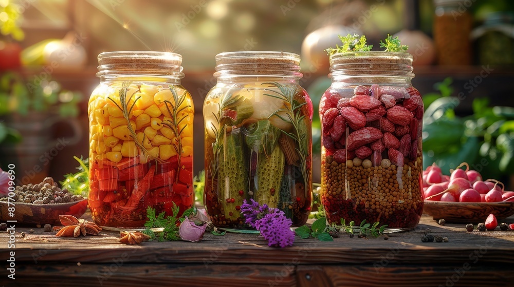 Colorful Jars of Pickled Vegetables and Spices in a Garden Setting - Generative AI Colorful Jars of Pickled Vegetables and Spices in a Garden Setting - Generative AI