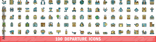 100 departure icons set. Color line set of departure vector icons thin line color flat on white