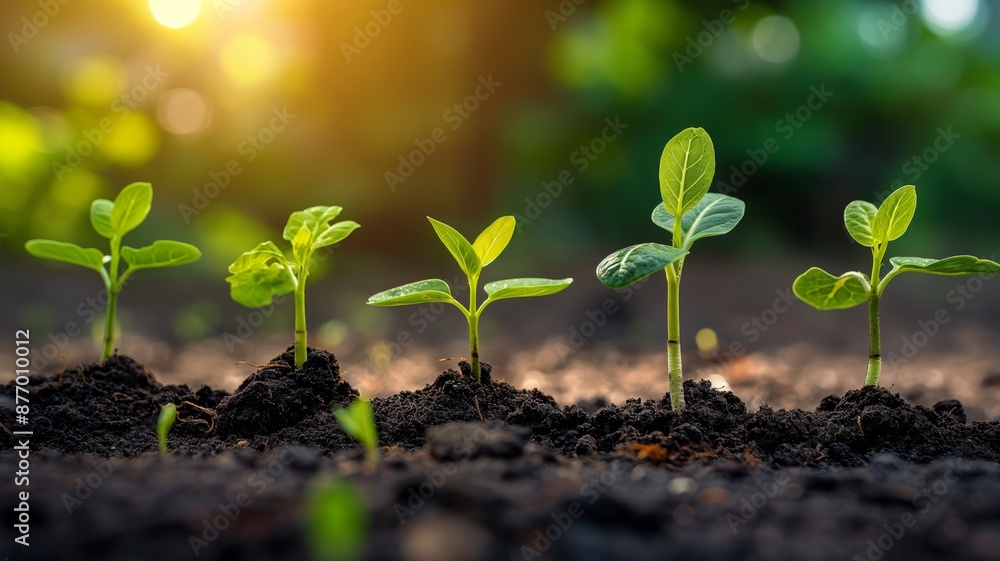 Young Green Seedlings Growing in the Rich, Moist Soil Under Warm Sunlight Young Green Seedlings Growing in the Rich, Moist Soil Under Warm Sunlight