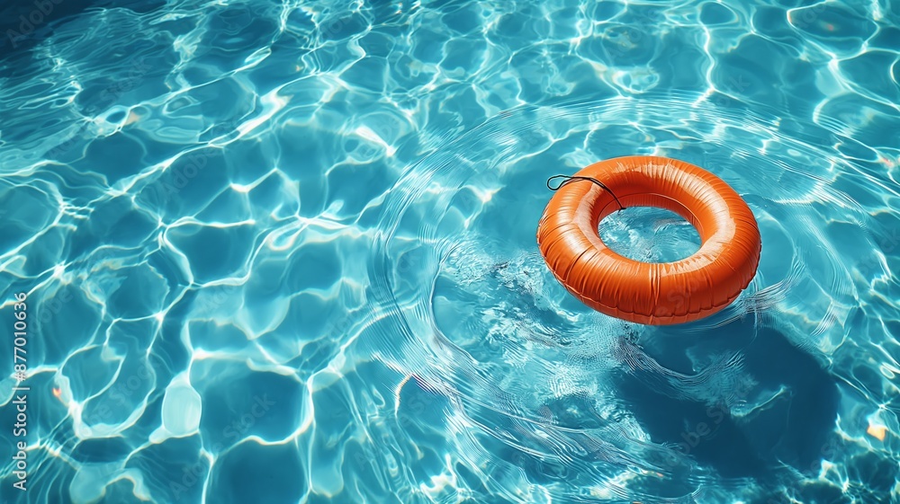 Bright Orange Lifebuoy Floating in Sparkling Blue Pool Waters on a Sunny Day Bright Orange Lifebuoy Floating in Sparkling Blue Pool Waters on a Sunny Day