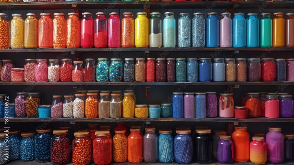 Colorful Jars of Beads and Craft Supplies on Shelves Generative AI Colorful Jars of Beads and Craft Supplies on Shelves Generative AI
