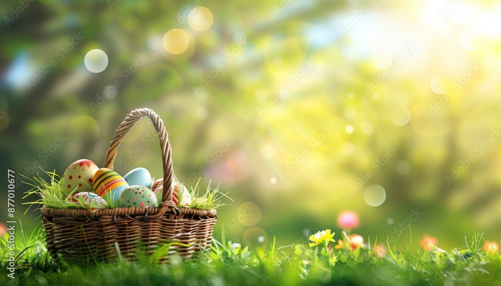 Easter background with grass, colorful eggs in basket on sunny spring day, banner design. Easter background with grass, colorful eggs in basket on sunny spring day, banner design.
