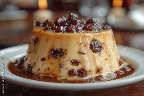 A dish of spotted dick, a steamed suet pudding with dried fruit, served with custard. 