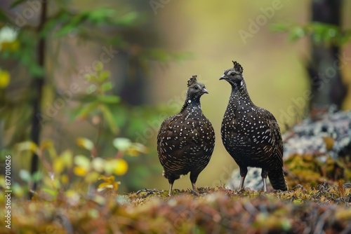 Two spruce grouse (Falcipennis canadensis) stand in a small clearing in th forest in Alaska. photo