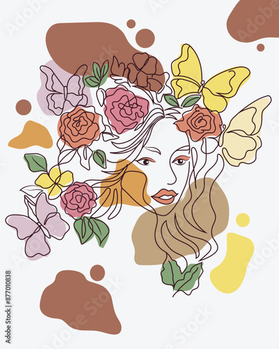  line art illustration  of a woman's face with the delicate charm of flowers and butterflies having earthy tones in a boho style 