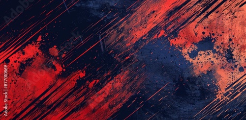 Red and navy blue background with halftone pattern.