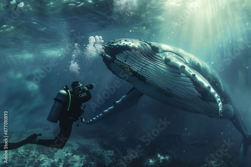 Underwater view of diver photographing humpback whale, 100ft under surface photo