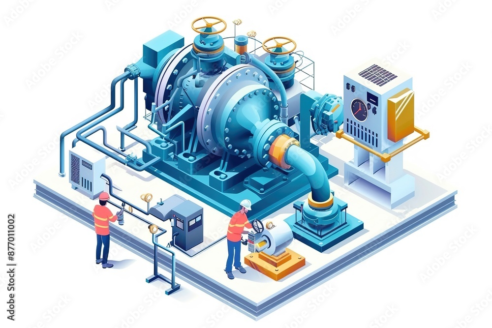 Engineer and electrician working with Industrial Water Pumps Maintenance, isometric Engineer and electrician working with Industrial Water Pumps Maintenance, isometric