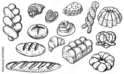 A set of illustrations with an image of baking, a black outline. The image is made manually using lines of different thicknesses. Contour illustration for baking in cafes, bakeries on white