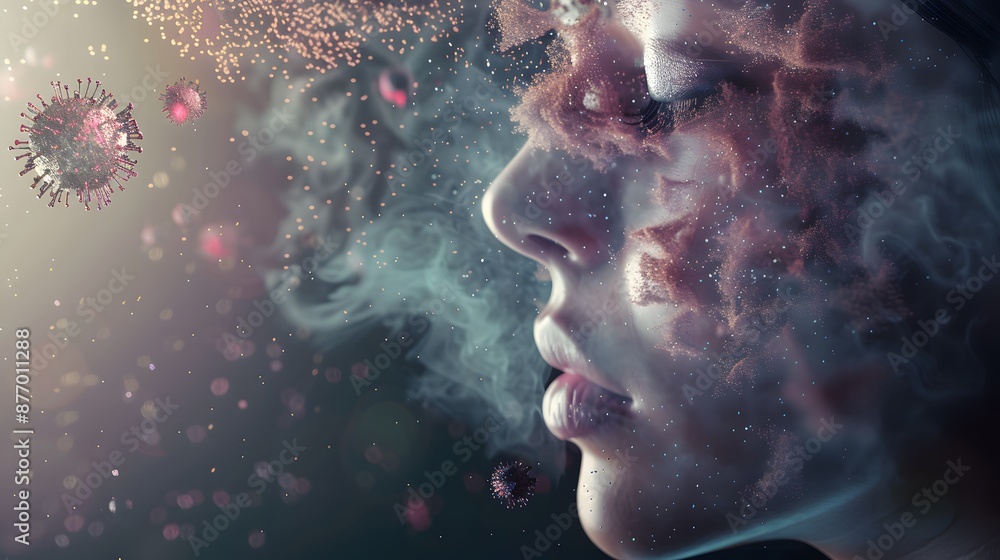 Abstract surreal image of dust, germs, respiratory virus transmission, showcasing disease spread through droplets in human breath. Abstract surreal image of dust, germs, respiratory virus transmission, showcasing disease spread through droplets in human breath.