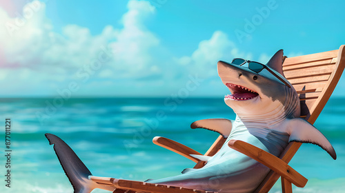A fun cartoon shark in sunglasses relaxing on a lounge chair at the beach, enjoying the sun and sea with a bright blue sky background.
