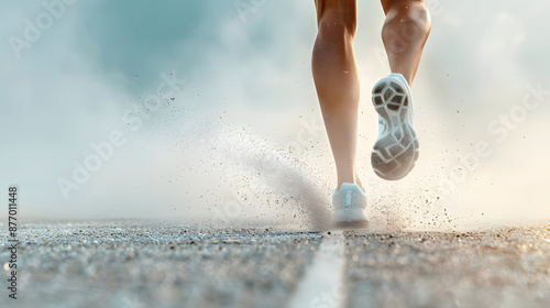 Close-up of a runner's legs and shoes hitting the pavement, creating dust and motion blur, representing speed and fitness. photo