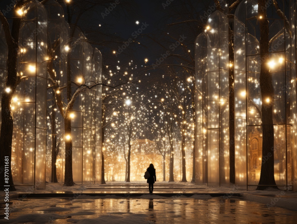 A beautifully decorated pathway with glowing lights and snow-covered ground, creating a magical winter atmosphere. A beautifully decorated pathway with glowing lights and snow-covered ground, creating a magical winter atmosphere.