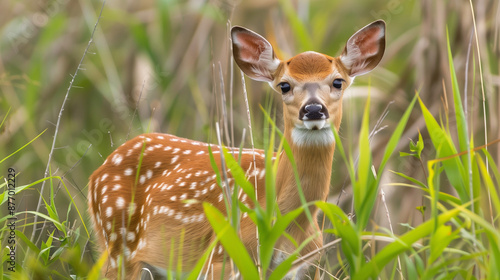 A young fawn, with small horns and white spots on its fur, curiously explores the beach.