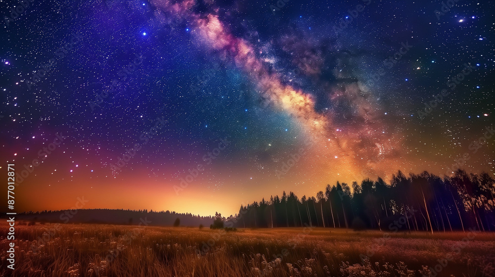 Over a quiet meadow and a dense forest, on a quiet evening, there is a spectacle of a sky full of stars. The Milky Way runs wide across the sky, exuding radiance and mystery, filling space. Over a quiet meadow and a dense forest, on a quiet evening, there is a spectacle of a sky full of stars. The Milky Way runs wide across the sky, exuding radiance and mystery, filling space.