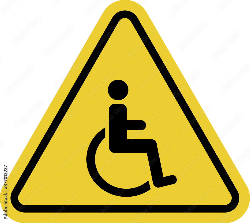 Disability sign. Warning yellow triangular road sign for wheelchair users. Parking for disabled people. Caution people with disabilities. Disabled area. Disability sign. Warning yellow triangular road sign for wheelchair users. Parking for disabled people. Caution people with disabilities. Disabled area.
