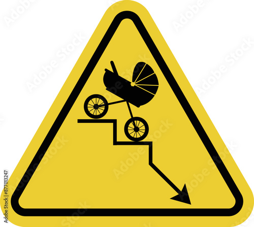 Sign of declining birth rate. Negative fertility graph with an arrow pointing down. Demographic decline, fertility decline curve. Warning yellow triangular sign.
