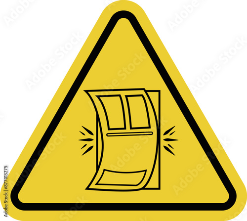 Sign not slam door. Close doors carefully to avoid damaging the doors or creating noise that may disturb others. Avoid unnecessary noise. Warning yellow triangular road sign.