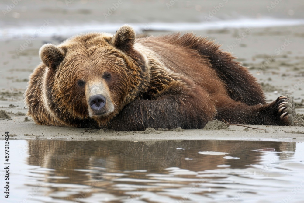 A Coastal Brown Bear relieves itself on the beach A Coastal Brown Bear relieves itself on the beach