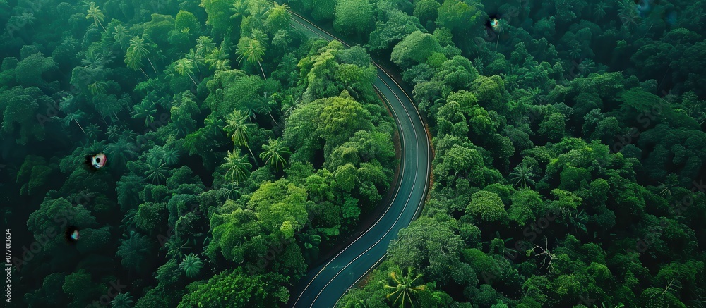 Fototapeta premium Stunning aerial shot of a winding road cutting through dense, vibrant green tropical forest, showcasing the beauty of nature and transportation.
