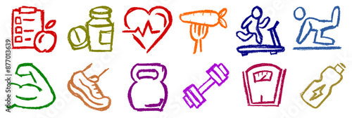 Fitness Gym Related Icons Chalk Crayon Drawing