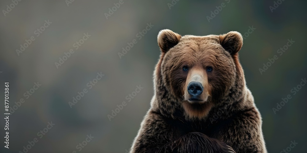 Obraz premium A large brown bear with crossed arms staring directly at the camera against a dark blurred background. Concept animal photography, wildlife portrait, bear in the wild, nature photography